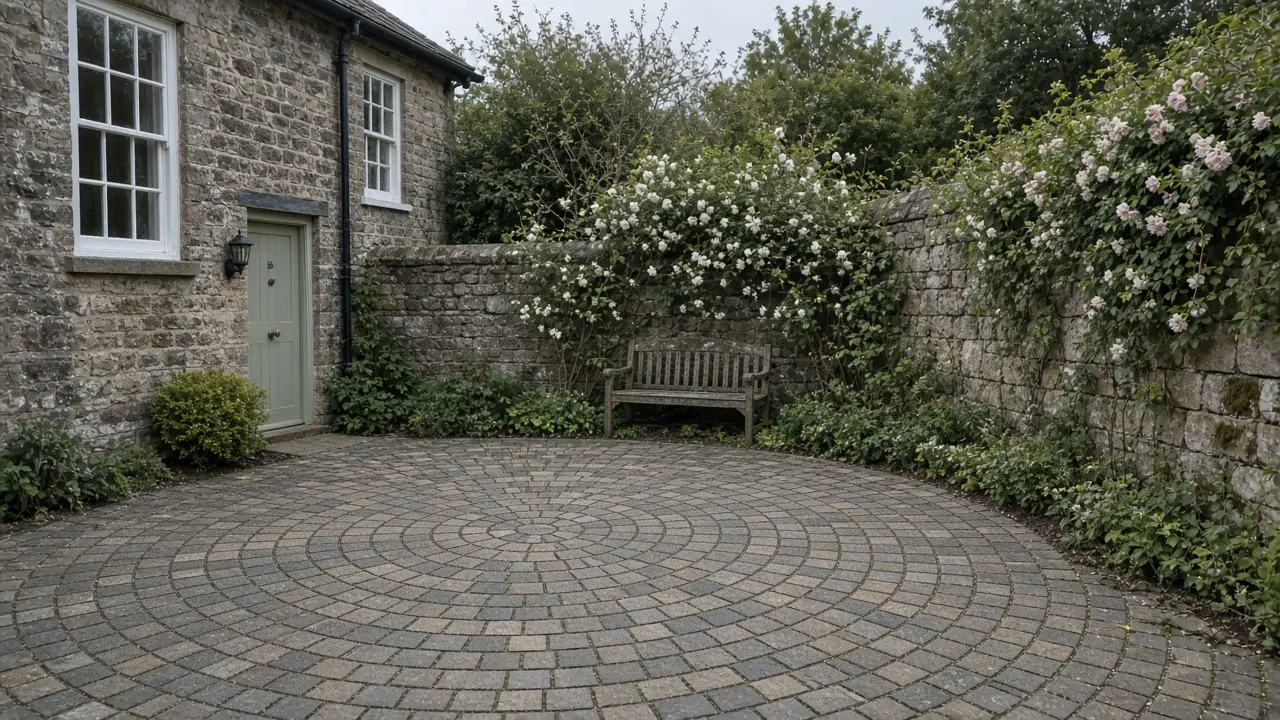 Example image: a circular sett patio in a walled garden