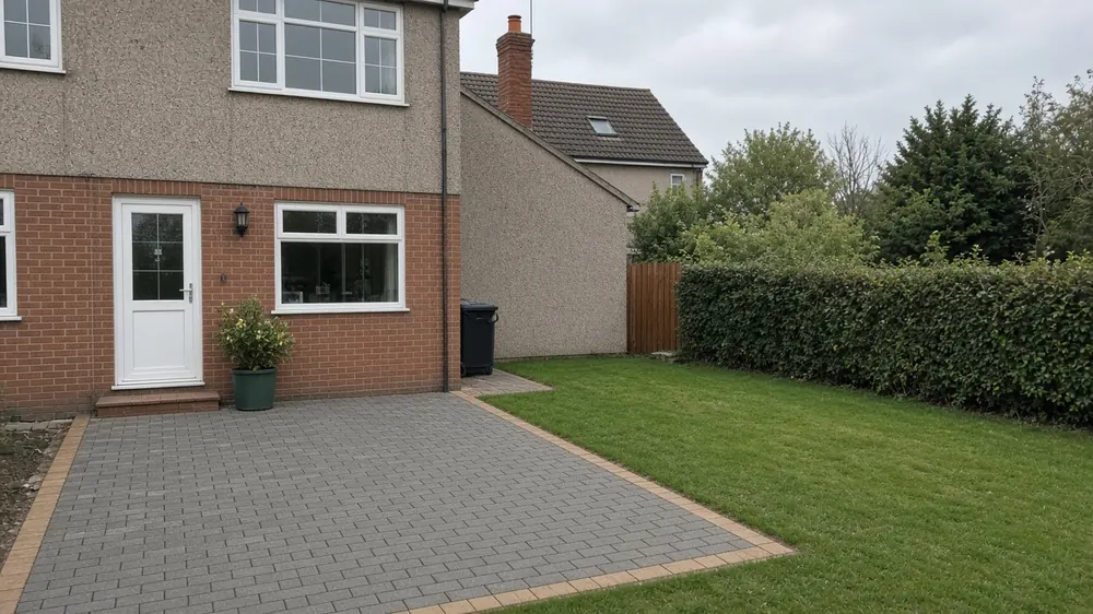 Example image: grey block paving patio with a sandstone border behind a semi-detached house