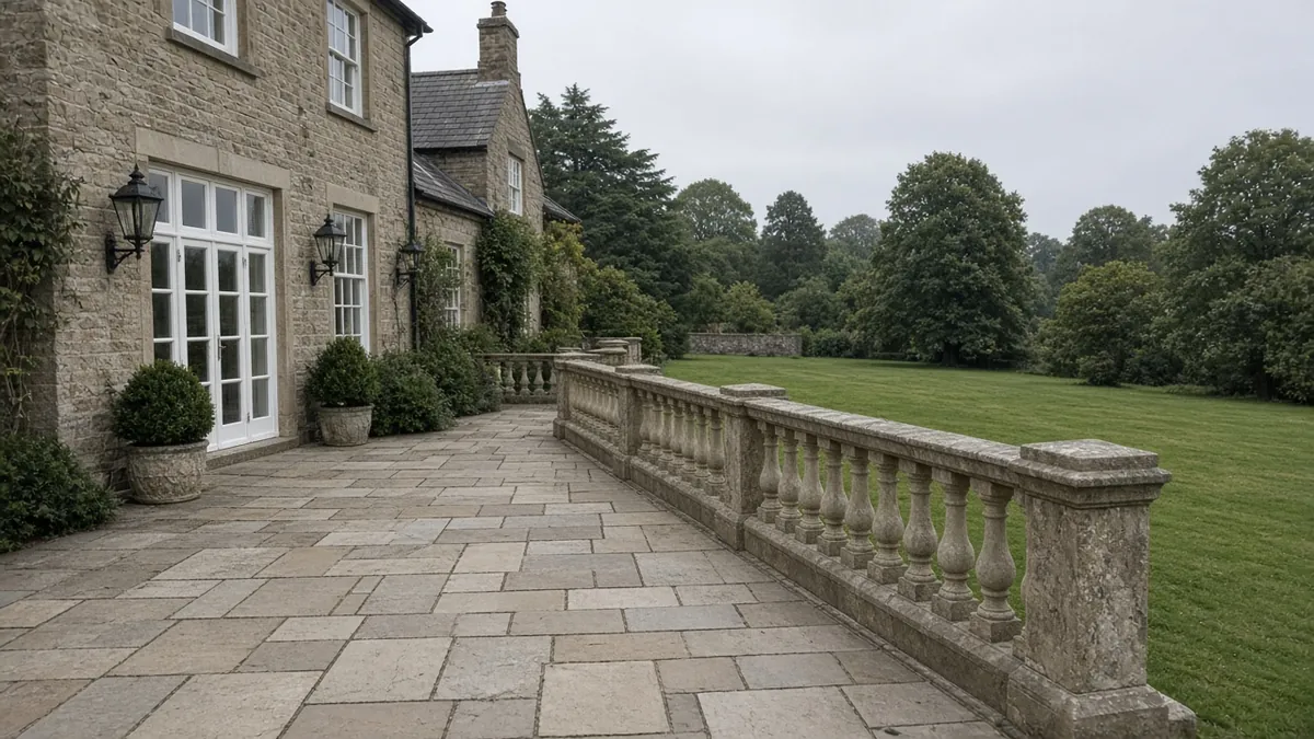 Example image: a Yorkstone terrace with stone balustrade overlooking a lawn