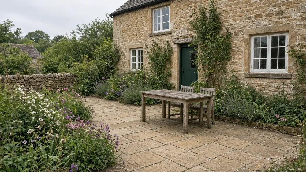 Example image: a riven buff sandstone patio beside a stone cottage