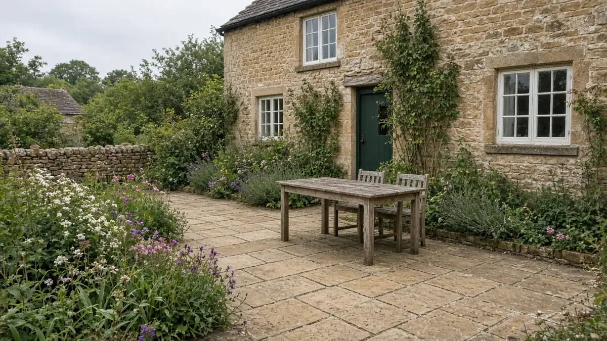 Example image: a riven buff sandstone patio beside a stone cottage