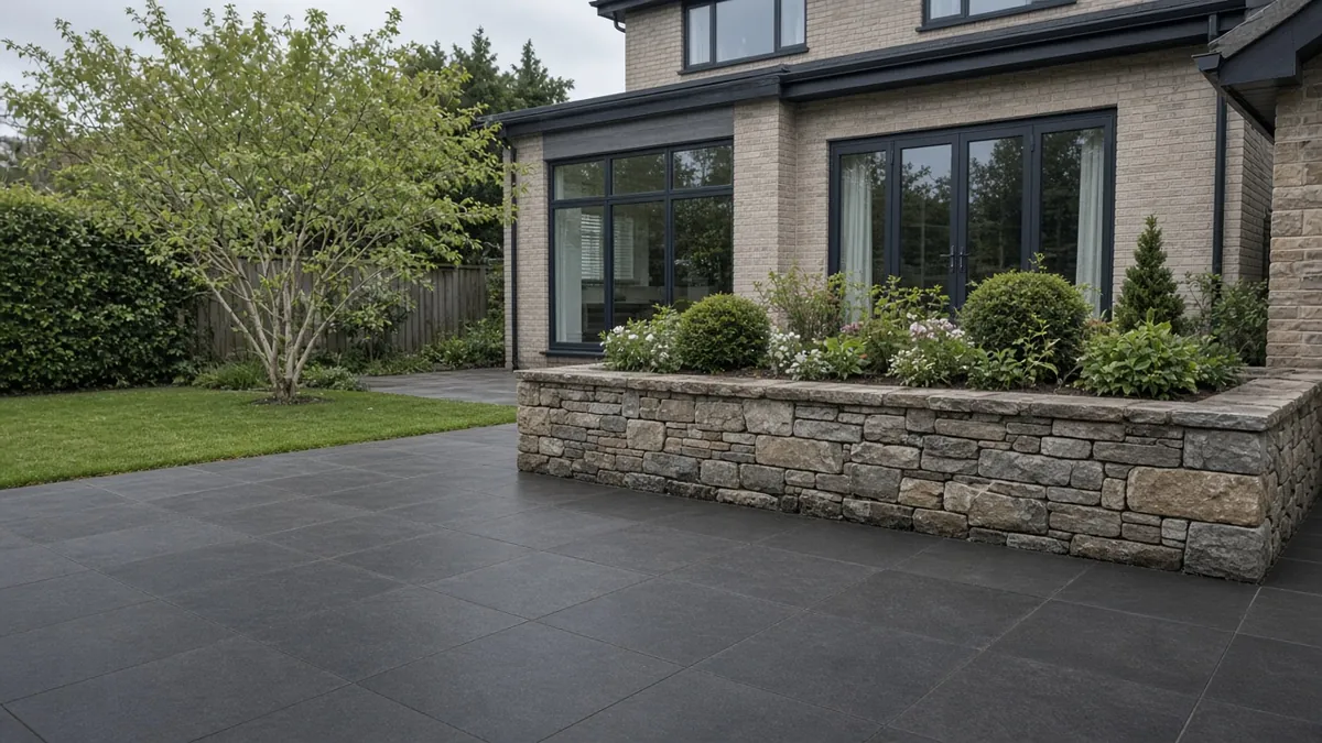 Example image: a charcoal porcelain patio with a stone planter