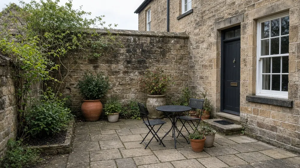 Example image: a sandstone courtyard patio behind a stone townhouse