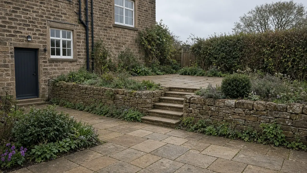 Example image: a sloping garden terraced into two sandstone patios with steps