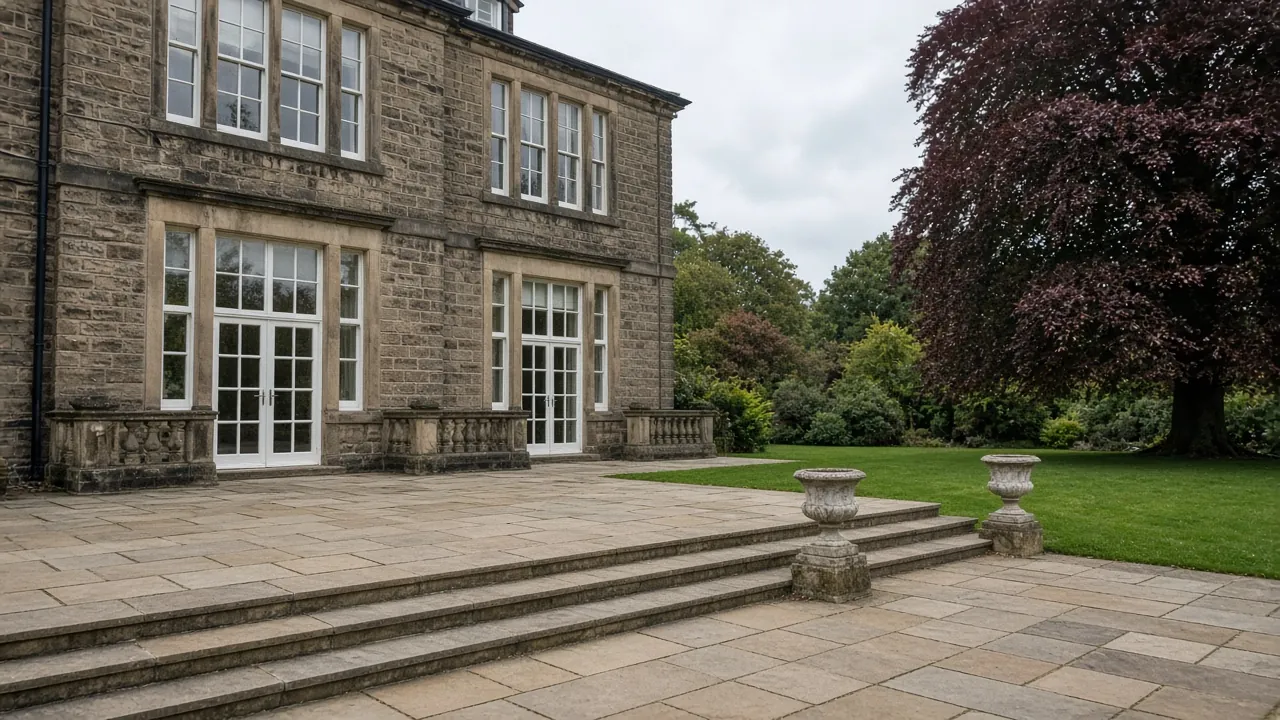 Example image: a Yorkstone terrace with wide steps behind a stone Victorian villa