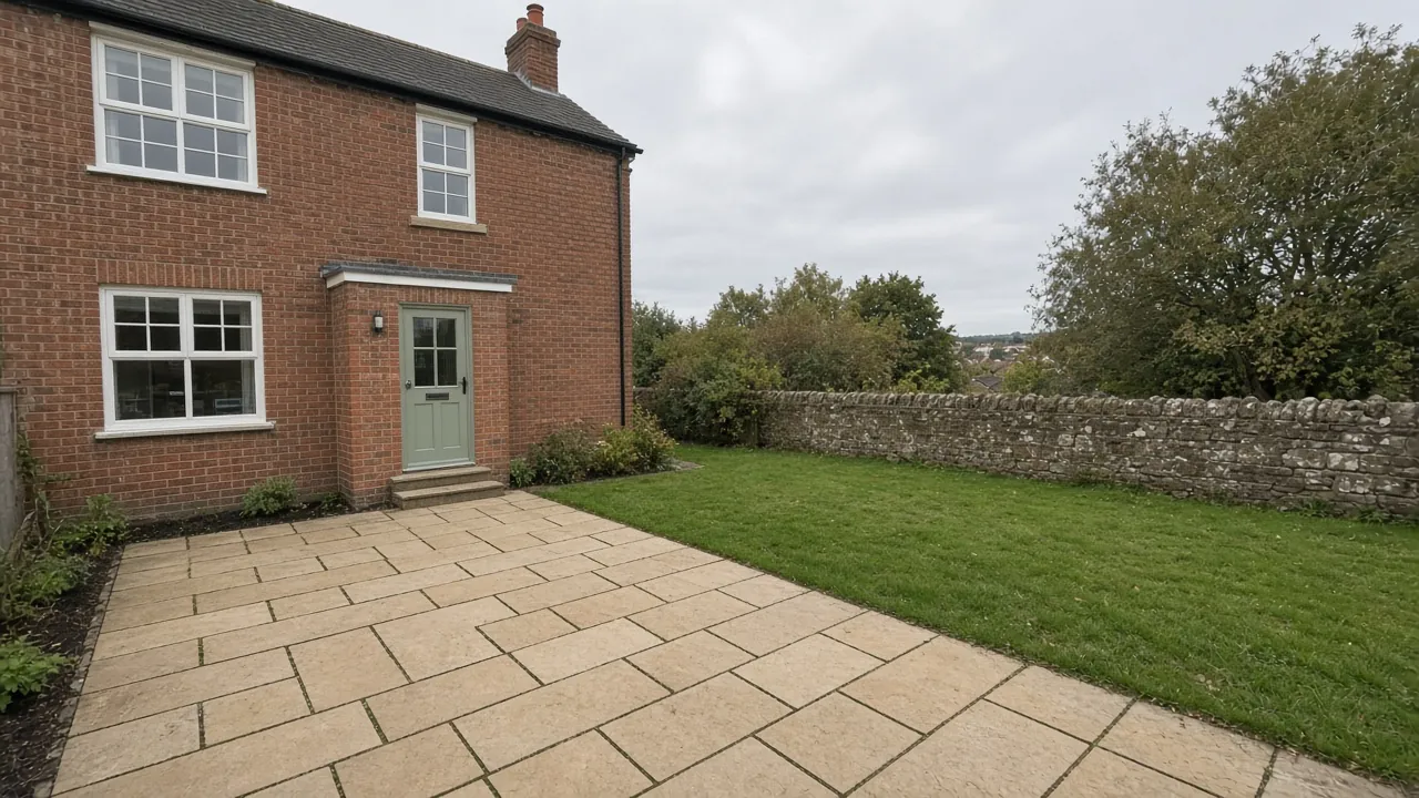 Example image: buff sandstone patio behind a 1950s semi-detached house with a lawn and a low stone wall