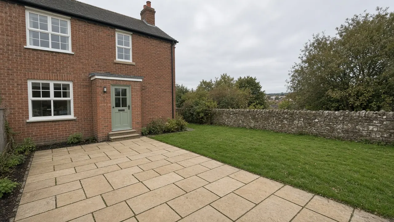 Example image: buff sandstone patio behind a 1950s semi-detached house with a lawn and a low stone wall