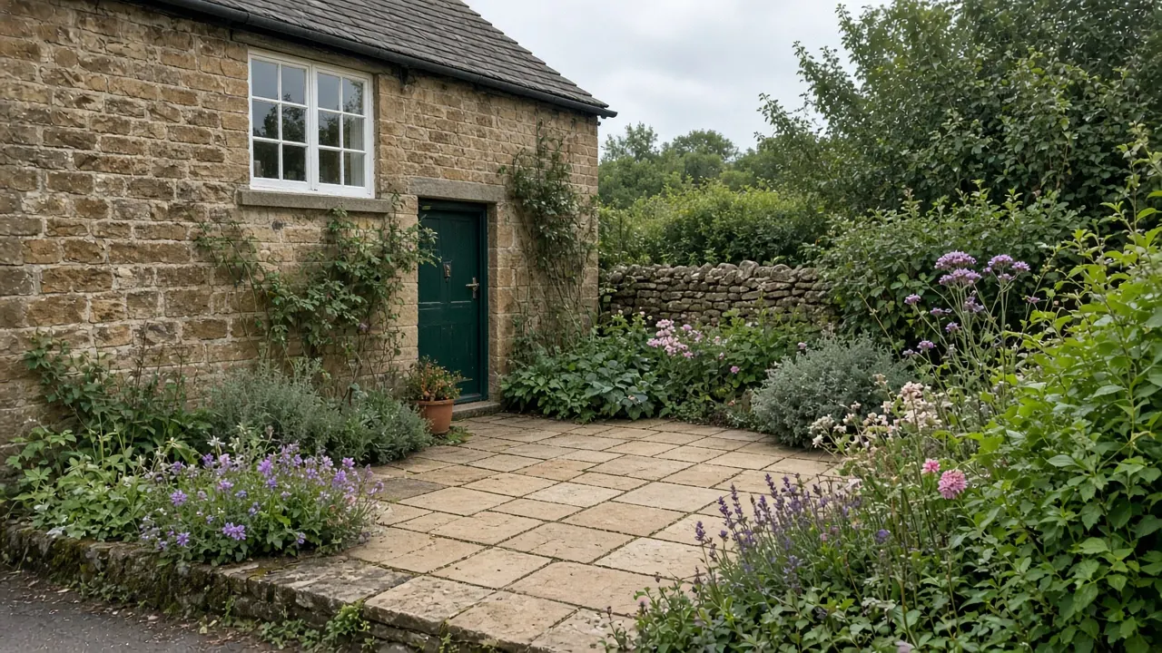 Example image: riven buff sandstone patio beside a stone cottage with cottage garden planting