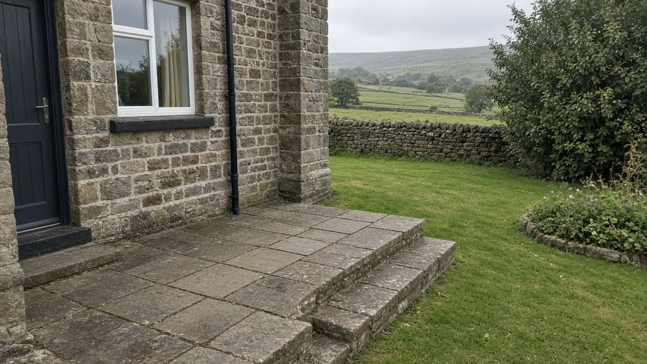 Example image: gritstone patio with steps down to a lawn behind a stone house in a Dales village