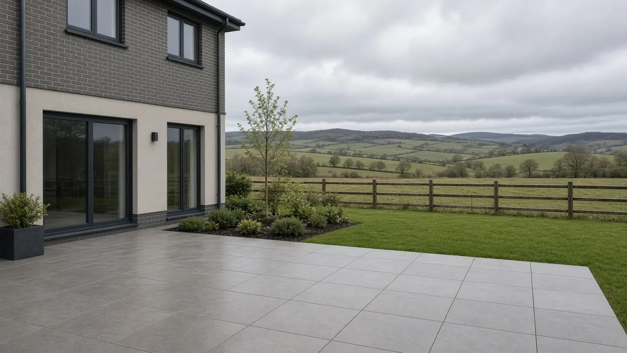 Example image: grey porcelain patio behind a modern detached house with a lawn and fields beyond