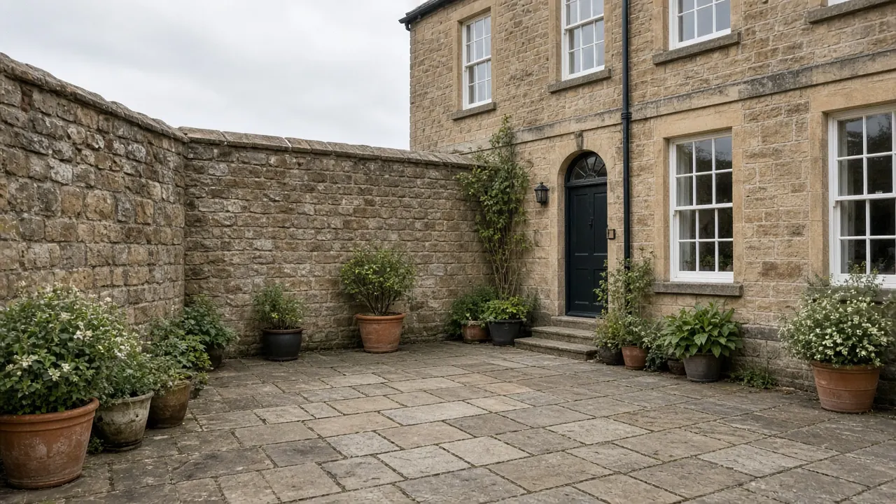 Example image: sandstone courtyard patio between stone walls behind a period town house with pots