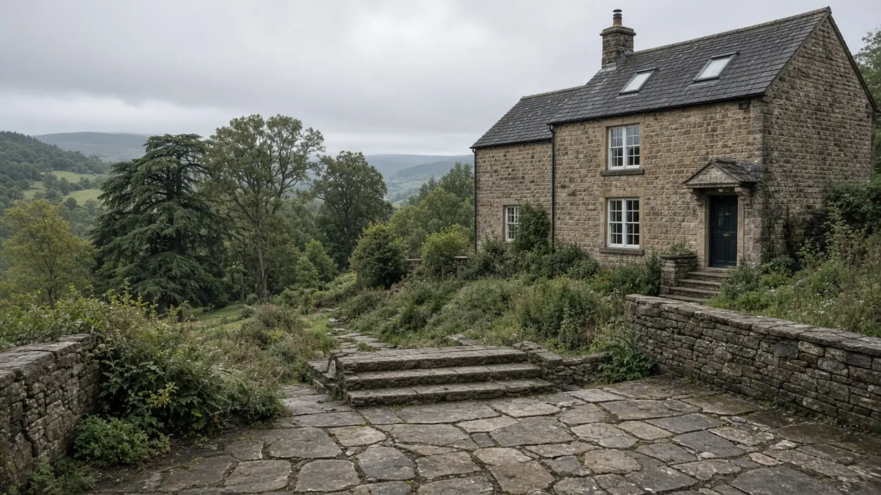 Example image: riven sandstone terrace with stone steps behind a detached stone house in a valley garden