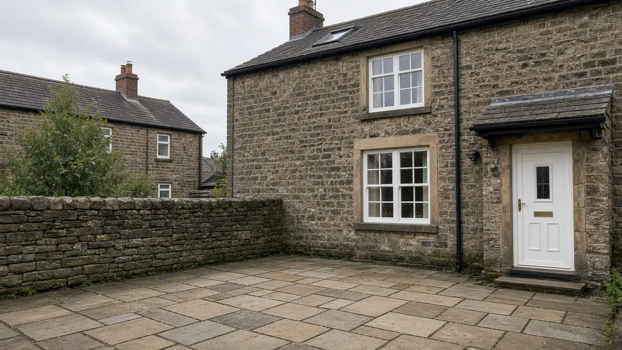 Example image: sawn sandstone patio with a low stone wall behind a gritstone terraced house