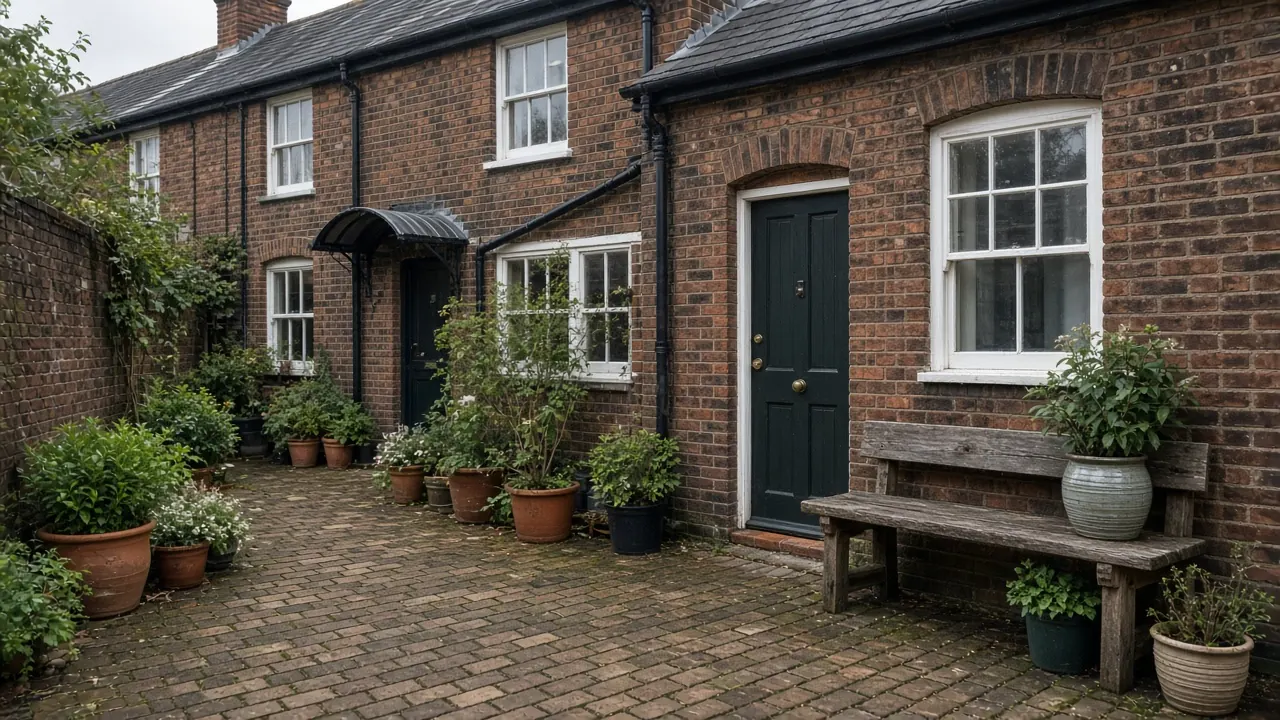 Example image: brick-paved courtyard patio behind a Victorian terraced house with pots and a bench