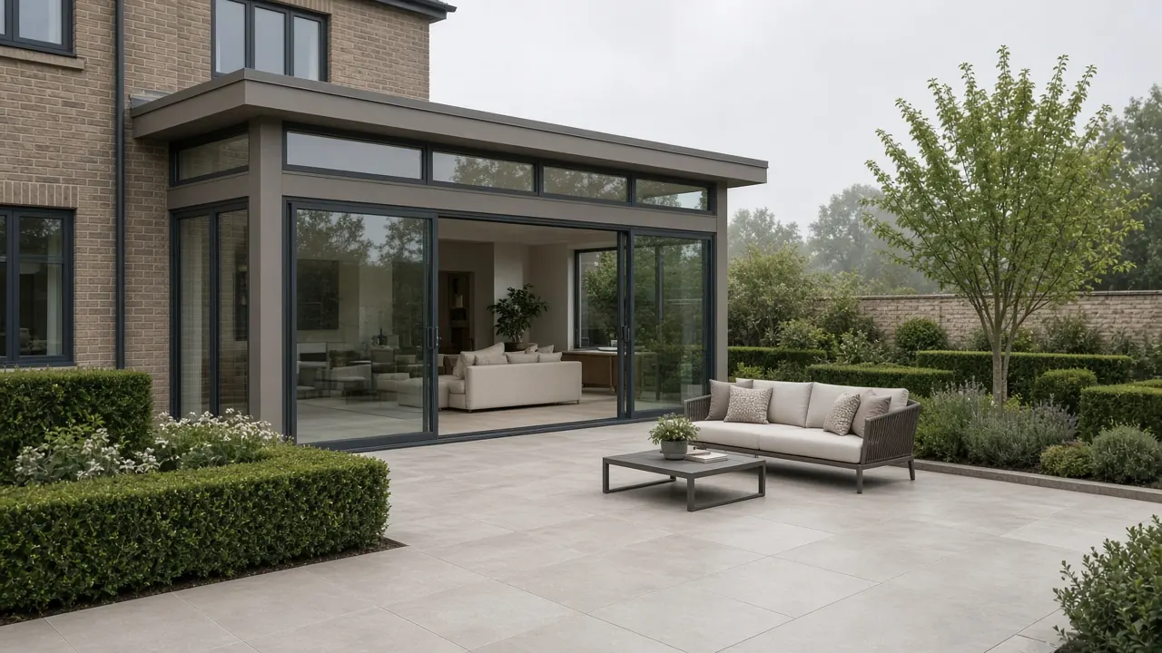 Example image: a sawn-look porcelain patio outside glazed doors with a lawn beyond