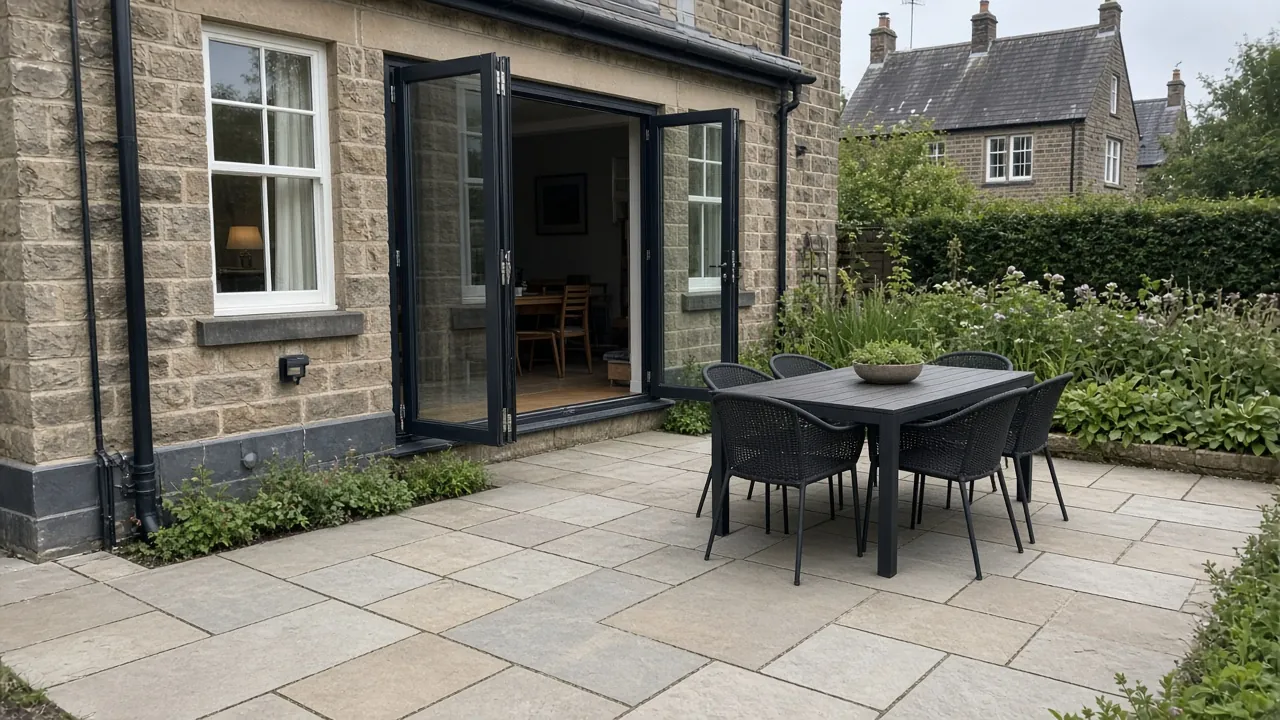 Example image: a sawn sandstone patio outside bi-fold doors on a stone house